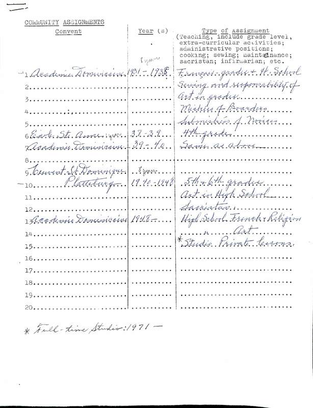 Sister Mary of Carmel Lord Personal File