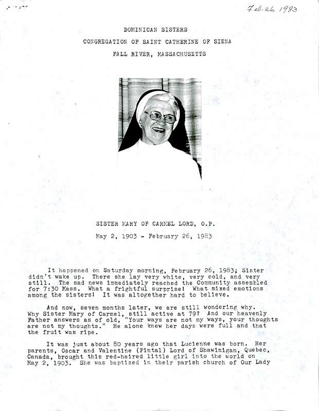 Sister Mary of Carmel Lord Personal File